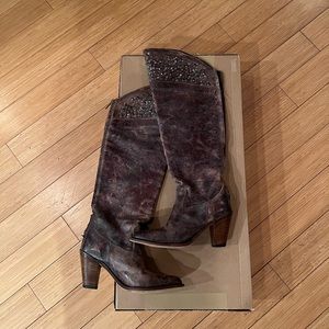 Frye Demi Studded “Grey” Crackle Leather Motorcycle Biker Riding Boots